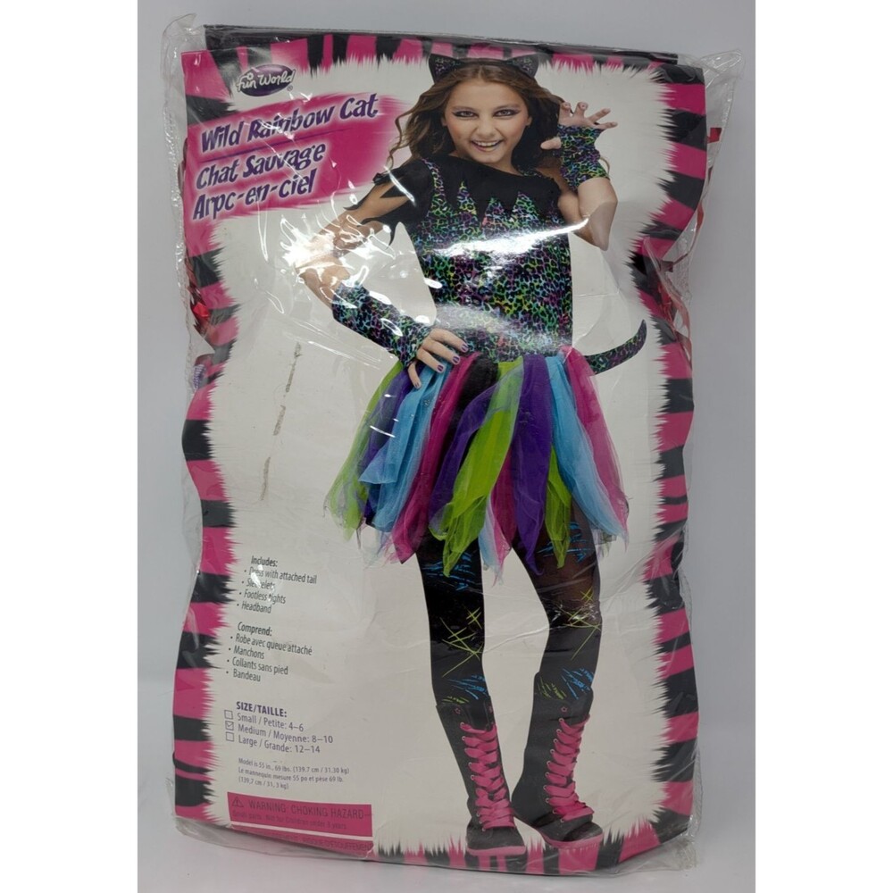 Fun World Wild Rainbow Cat Costume Girls Medium 8-10 Y2K Rave Kitty Halloween